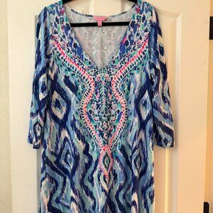 Lilly Pulitzer Printed Swing Dress L | Boho Ikat Blue Pink Green V-Neck